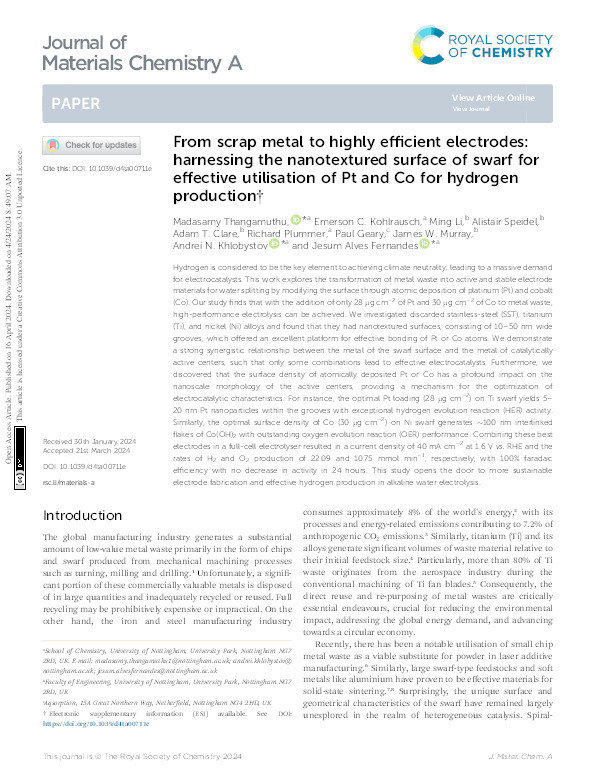 From scrap metal to highly efficient electrodes: harnessing the nanotextured surface of swarf for effective utilisation of Pt and Co for hydrogen production Thumbnail