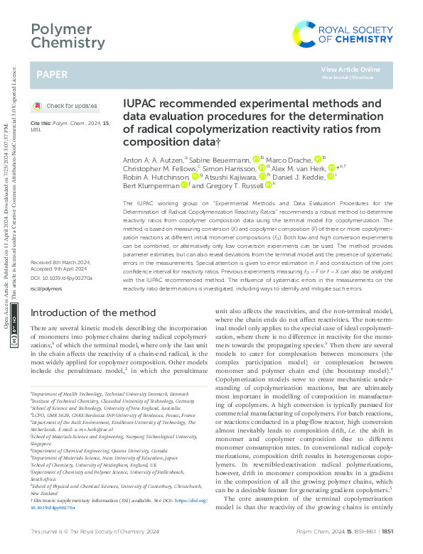 IUPAC recommended experimental methods and data evaluation procedures for the determination of radical copolymerization reactivity ratios from composition data Thumbnail