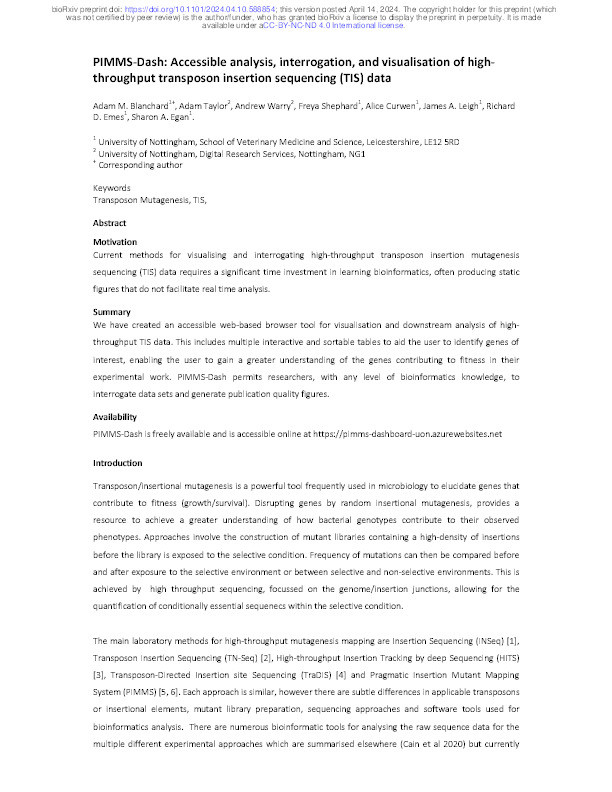 PIMMS-Dash: Accessible analysis, interrogation, and visualisation of high-throughput transposon insertion sequencing (TIS) data Thumbnail