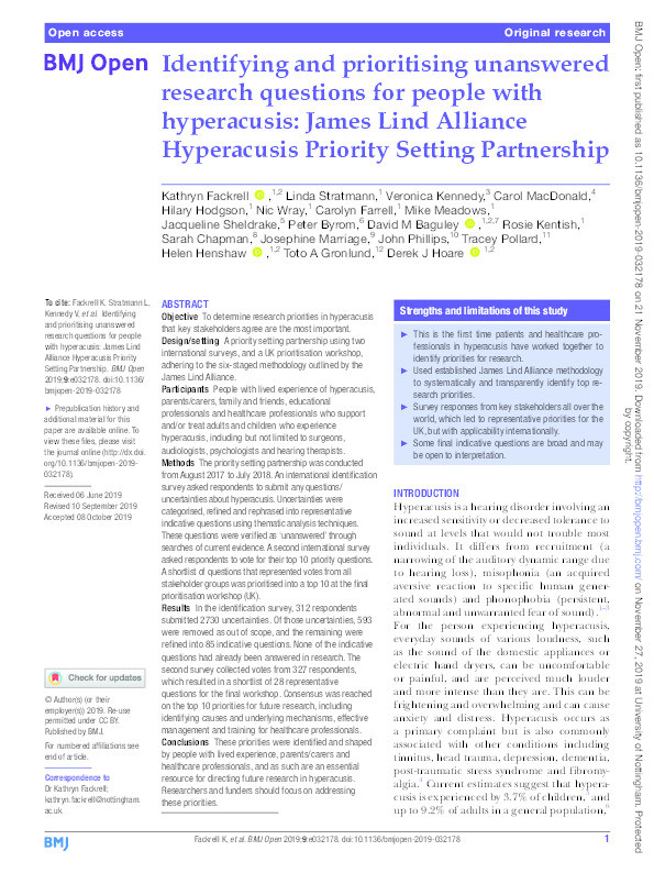 Identifying and prioritising unanswered research questions for people with hyperacusis: James Lind Alliance Hyperacusis Priority Setting Partnership Thumbnail