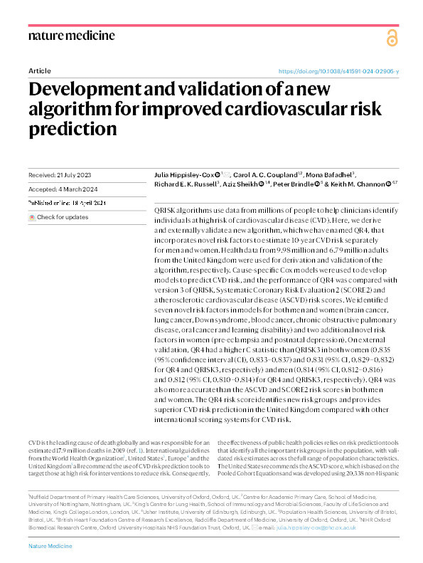 Development and validation of a new algorithm for improved cardiovascular risk prediction Thumbnail