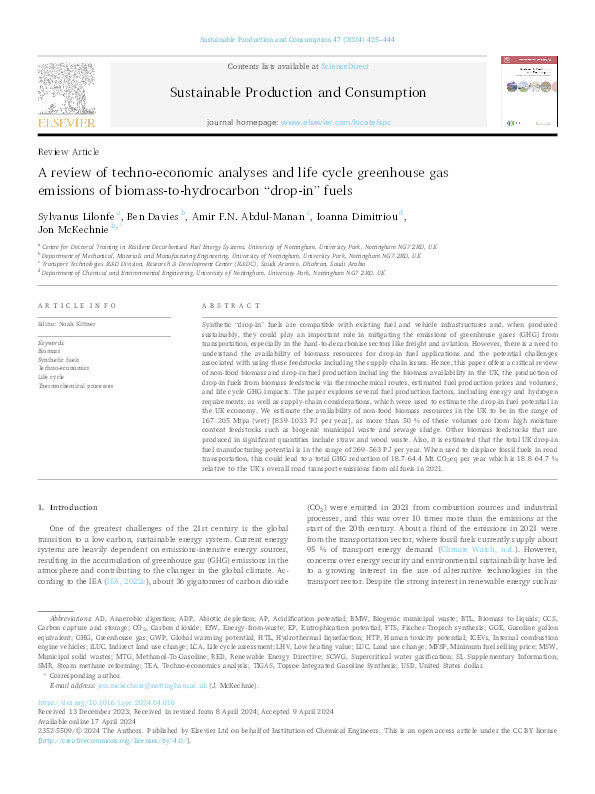 A review of techno-economic analyses and life cycle greenhouse gas emissions of biomass-to-hydrocarbon “drop-in” fuels Thumbnail