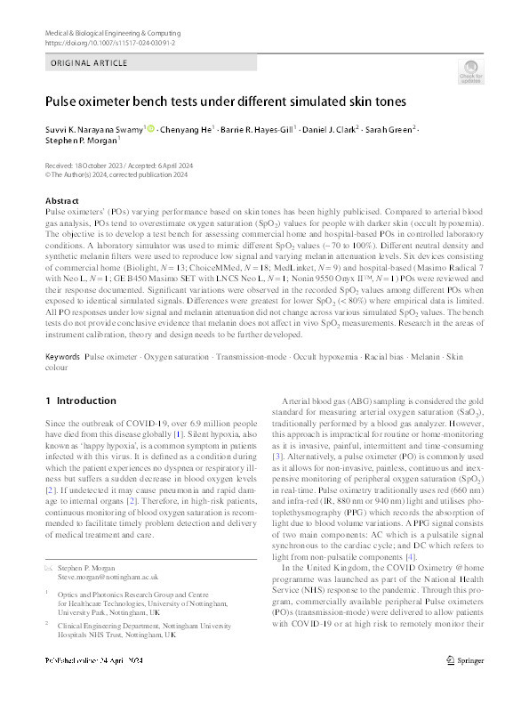 Pulse oximeter bench tests under different simulated skin tones Thumbnail