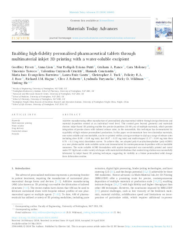 Enabling High-fidelity Personalized Pharmaceutical Tablets through Multimaterial Inkjet 3D Printing with a Water-soluble Excipient Thumbnail