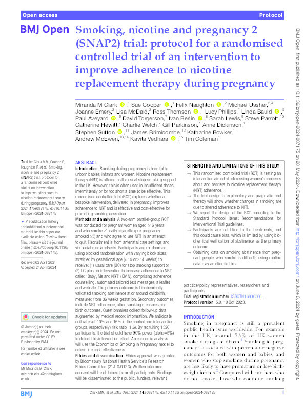 Smoking, nicotine and pregnancy 2 (SNAP2) trial: protocol for a randomised controlled trial of an intervention to improve adherence to nicotine replacement therapy in pregnancy Thumbnail