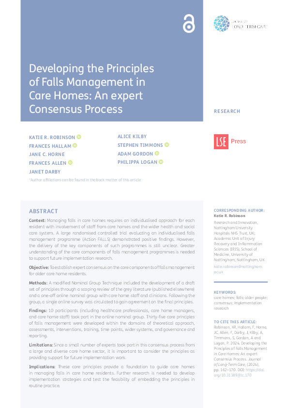 Developing the Principles of Falls Management in Care Homes: An expert Consensus Process Thumbnail