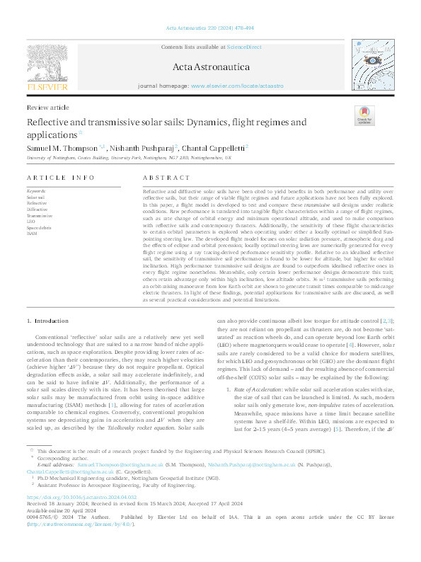 Reflective and transmissive solar sails: Dynamics, flight regimes and applications Thumbnail