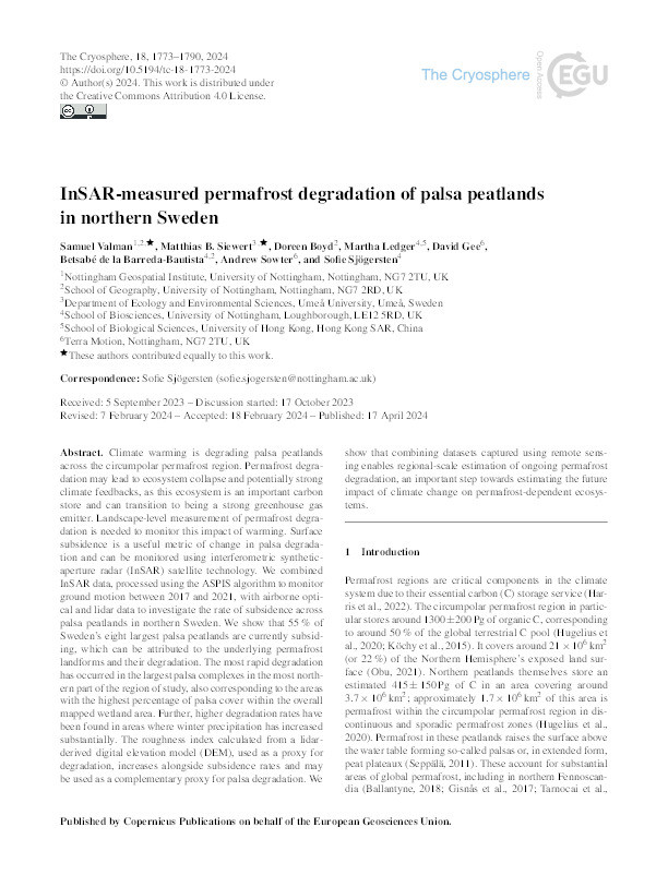 InSAR-measured permafrost degradation of palsa peatlands in northern Sweden Thumbnail