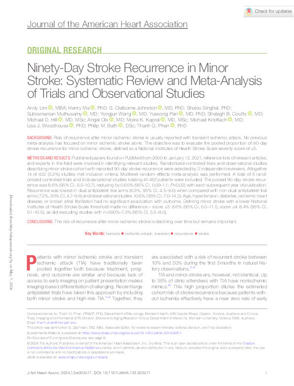 Ninety‐Day Stroke Recurrence in Minor Stroke: Systematic Review and Meta‐Analysis of Trials and Observational Studies Thumbnail