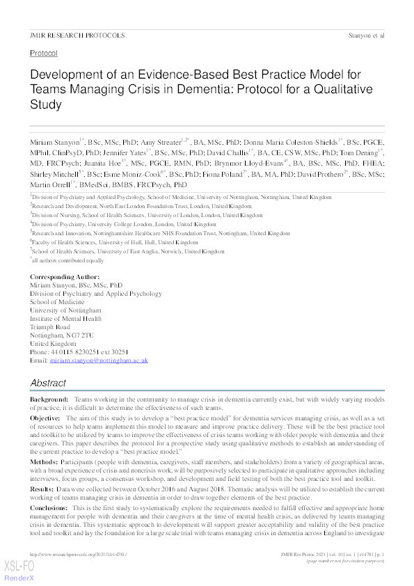 Development of an Evidence-Based Best Practice Model for Teams Managing Crisis in Dementia: Protocol for a Qualitative Study Thumbnail