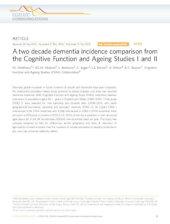 A two decade dementia incidence comparison from the Cognitive Function and Ageing Studies I and II Thumbnail