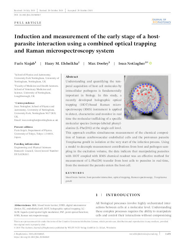 Induction and measurement of the early stage of a host-parasite interaction using a combined optical trapping and Raman microspectroscopy system Thumbnail