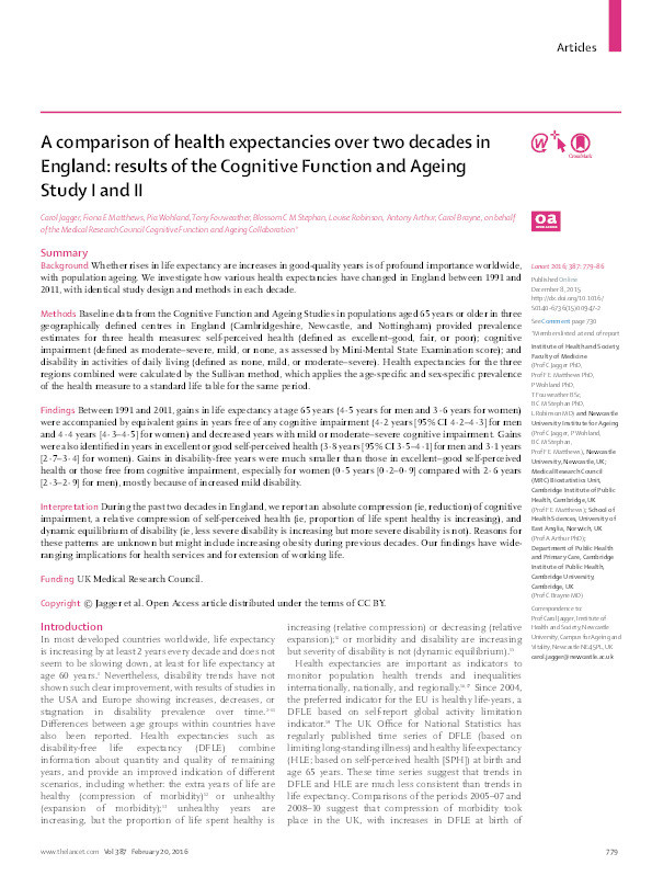 A comparison of health expectancies over two decades in England: results of the Cognitive Function and Ageing Study I and II Thumbnail