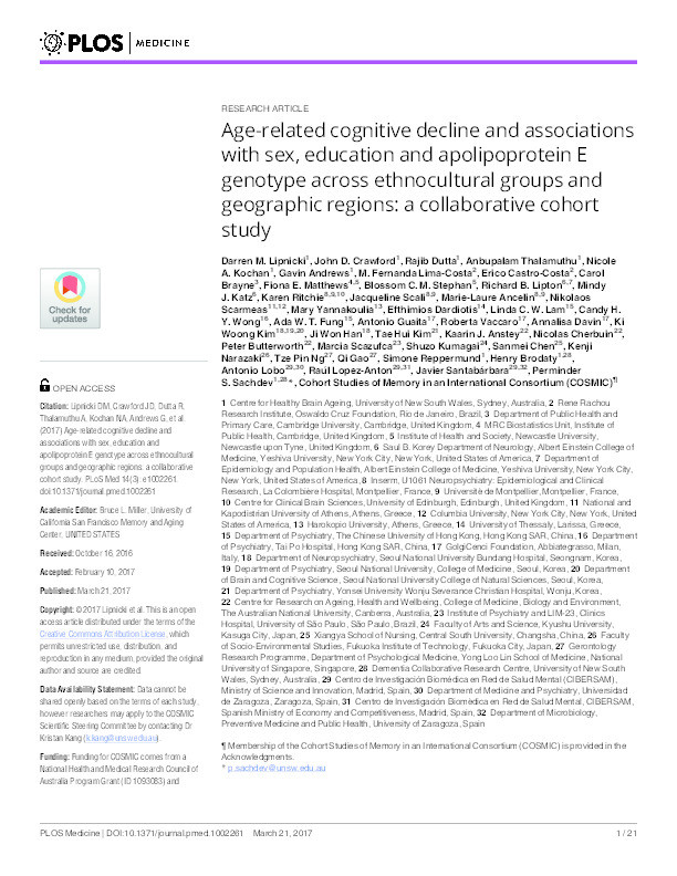 Age-related cognitive decline and associations with sex, education and apolipoprotein E genotype across ethnocultural groups and geographic regions: a collaborative cohort study Thumbnail