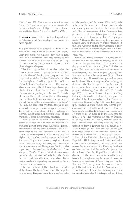 Pieter Houten: Rezension zu: Klär, Timo: Die Vasconen und das Römische Reich. Der Romanisierungsprozess im Norden der Iberischen Halbinsel. Stuttgart  2017. ISBN 978-3-515-11739-5 Thumbnail