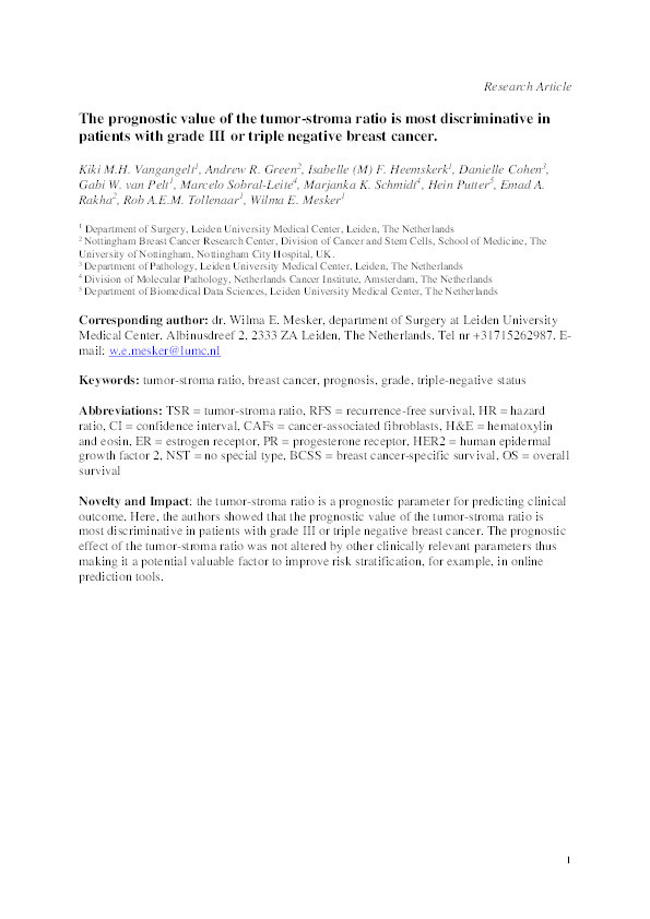The prognostic value of the tumor–stroma ratio is most discriminative in patients with grade III or triple‐negative breast cancer Thumbnail