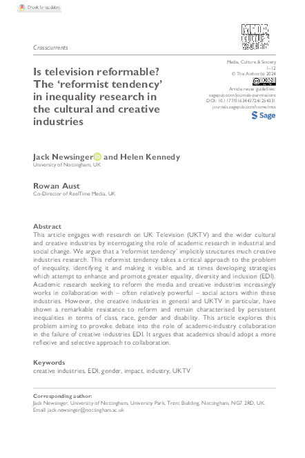 Is television reformable? The ‘reformist tendency’ in inequality research in the cultural and creative industries Thumbnail