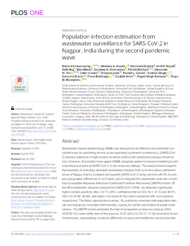 Population infection estimation from wastewater surveillance for SARS-CoV-2 in Nagpur, India during the second pandemic wave Thumbnail