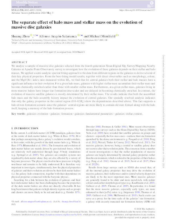 The separate effect of halo mass and stellar mass on the evolution of massive disc galaxies Thumbnail