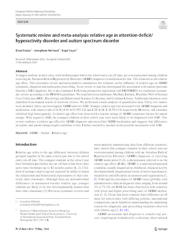 Systematic review and meta-analysis:relative age in attention-deficit/ hyperactivity disorder and autism spectrum disorder Thumbnail