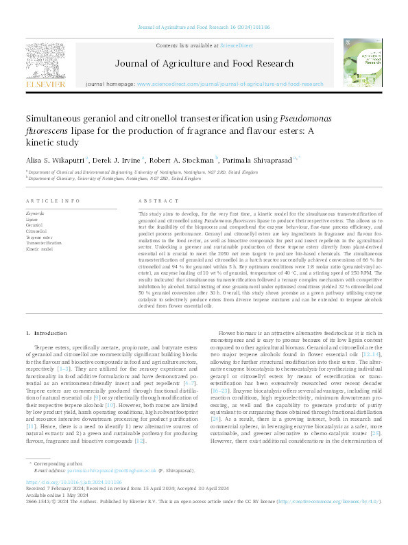 Simultaneous geraniol and citronellol transesterification using Pseudomonas fluorescens lipase for the production of fragrance and flavour esters: a kinetic study Thumbnail