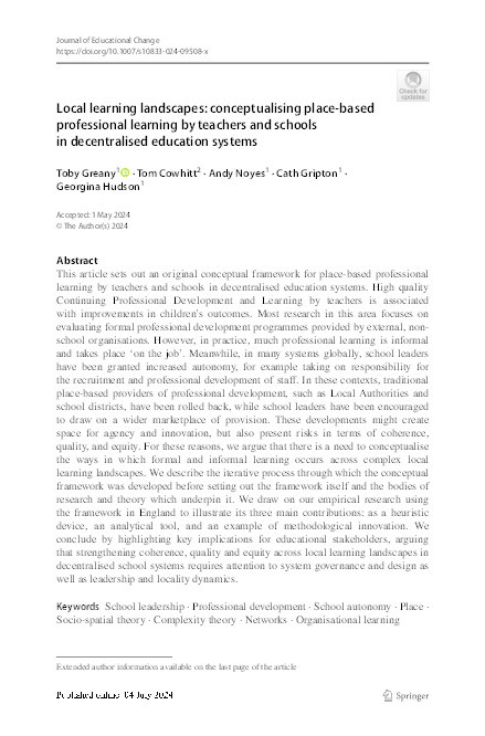 Local learning landscapes: conceptualising place-based professional learning by teachers and schools in decentralised education systems Thumbnail