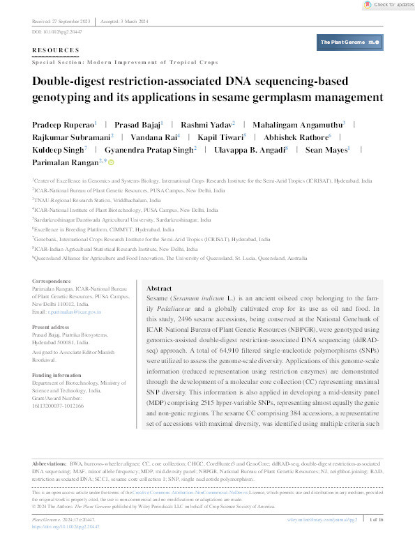 Double‐digest restriction‐associated DNA sequencing‐based genotyping and its applications in sesame germplasm management Thumbnail