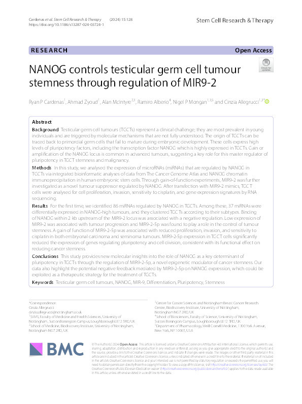 NANOG controls testicular germ cell tumour stemness through regulation of MIR9-2 Thumbnail