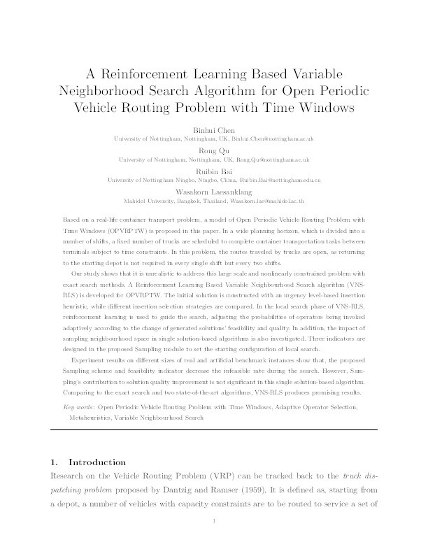 A variable neighborhood search algorithm with reinforcement learning for a real-life periodic vehicle routing problem with time windows and open routes Thumbnail