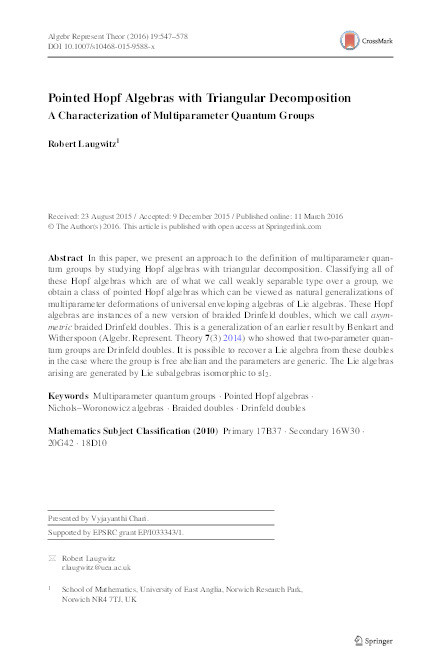 Pointed Hopf Algebras with Triangular Decomposition: A Characterization of Multiparameter Quantum Groups Thumbnail