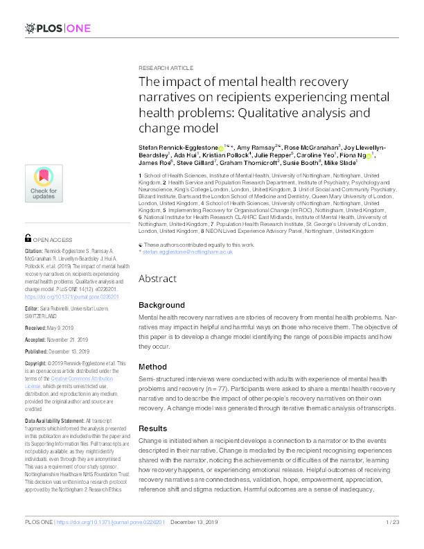 The impact of mental health recovery narratives on recipients experiencing mental health problems: qualitative analysis and change model Thumbnail