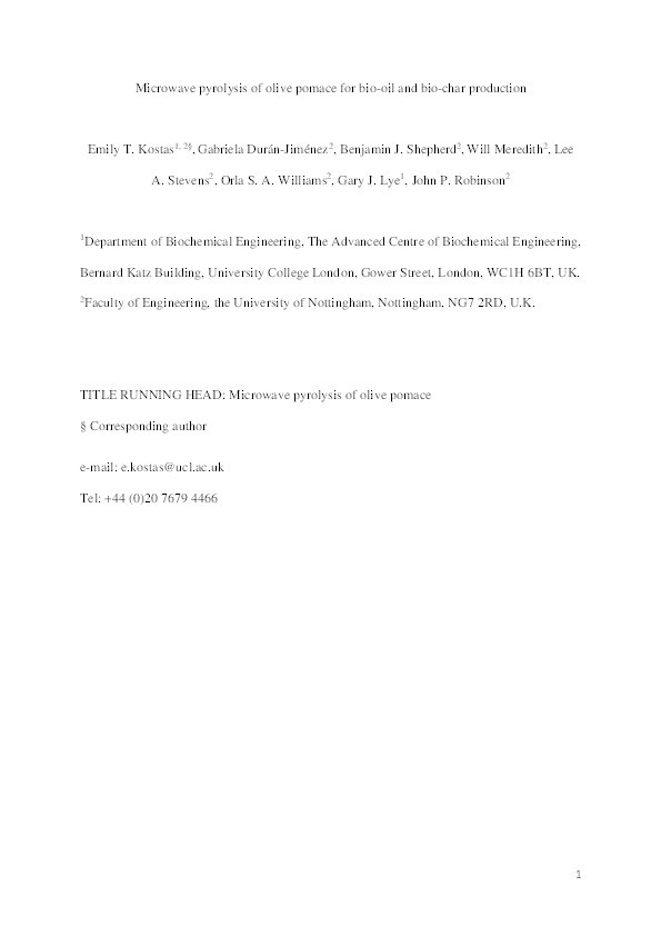 Microwave pyrolysis of olive pomace for bio-oil and bio-char production Thumbnail