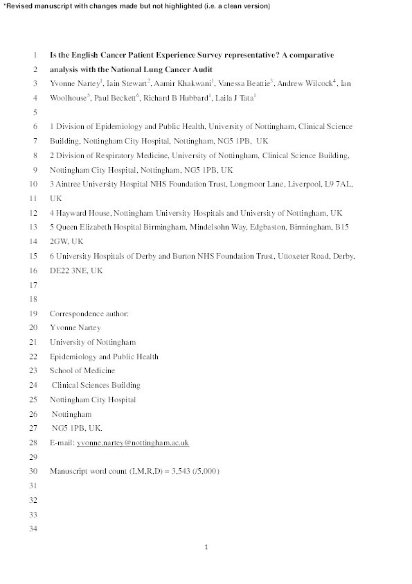 Is the English Cancer Patient Experience Survey representative? A comparative analysis with the National Lung Cancer Audit Thumbnail