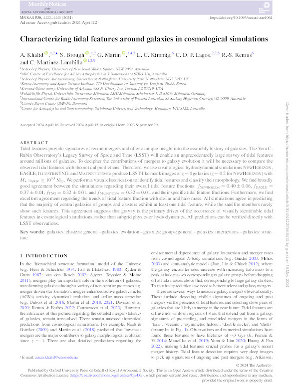 Characterizing tidal features around galaxies in cosmological simulations Thumbnail