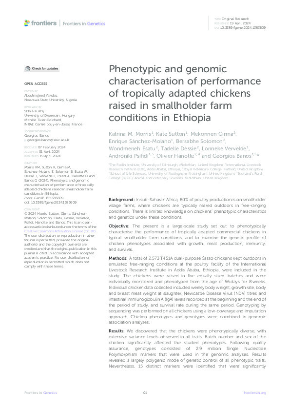 Phenotypic and genomic characterisation of performance of tropically adapted chickens raised in smallholder farm conditions in Ethiopia Thumbnail