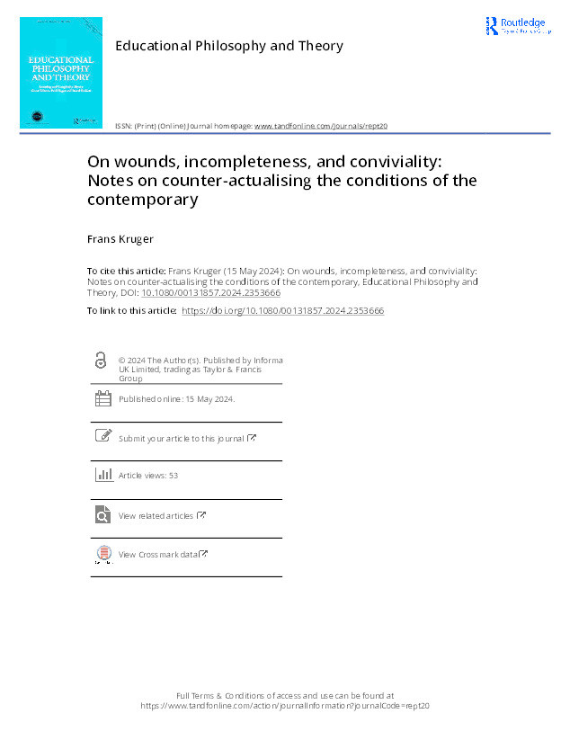 On wounds, incompleteness, and conviviality: Notes on counter-actualising the conditions of the contemporary Thumbnail