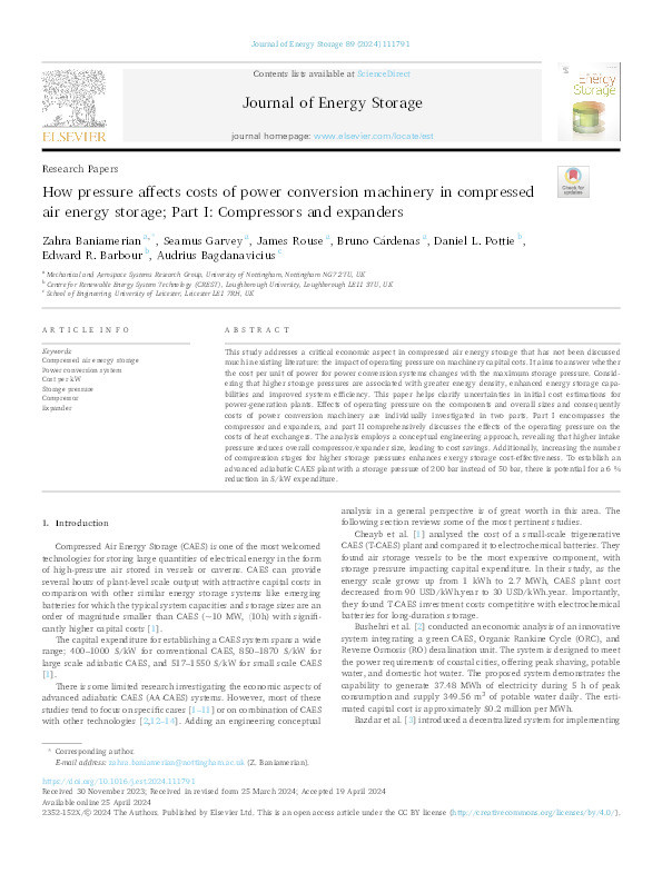 How pressure affects costs of power conversion machinery in compressed air energy storage; Part I: Compressors and expanders Thumbnail