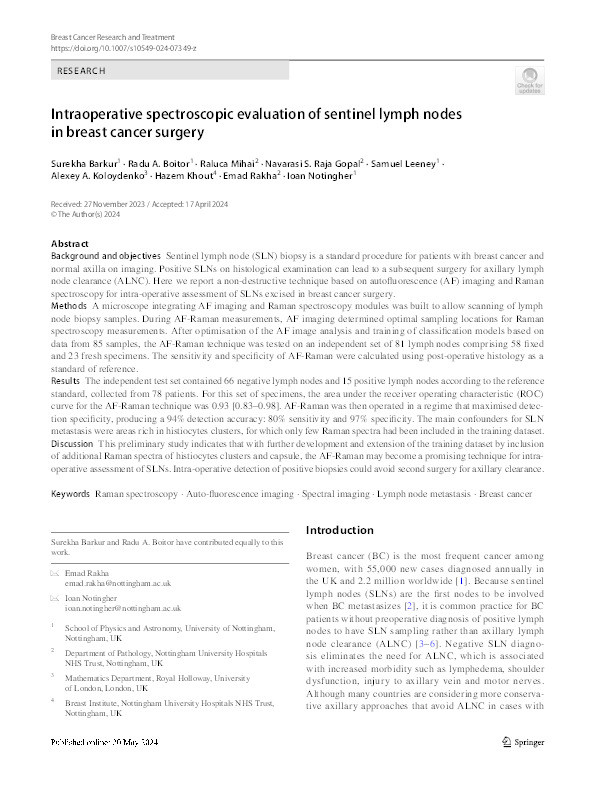 Intraoperative spectroscopic evaluation of sentinel lymph nodes in breast cancer surgery Thumbnail