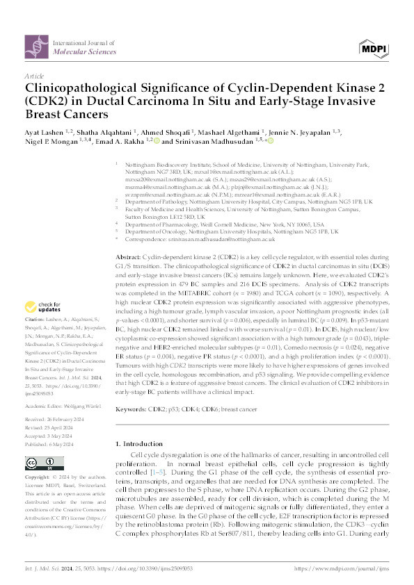 Clinicopathological Significance of Cyclin-Dependent Kinase 2 (CDK2) in Ductal Carcinoma In Situ and Early-Stage Invasive Breast Cancers Thumbnail