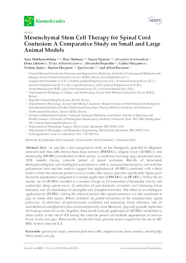 Mesenchymal Stem Cell Therapy for Spinal Cord Contusion: A Comparative Study on Small and Large Animal Models Thumbnail