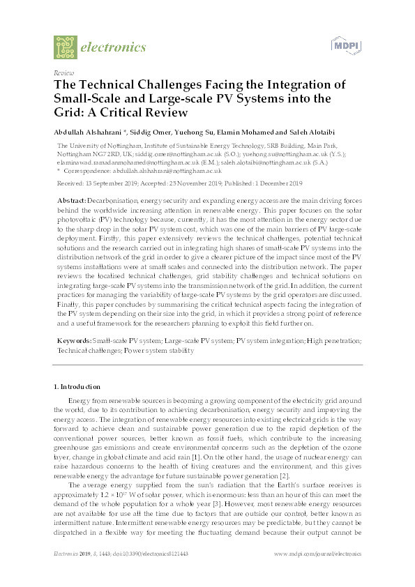 The Technical Challenges Facing the Integration of Small-Scale and Large-scale PV Systems into the Grid: A Critical Review Thumbnail