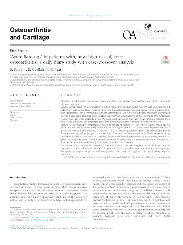 ‘Acute flare-ups’ in patients with, or at high risk of, knee osteoarthritis: a daily diary study with case-crossover analysis Thumbnail