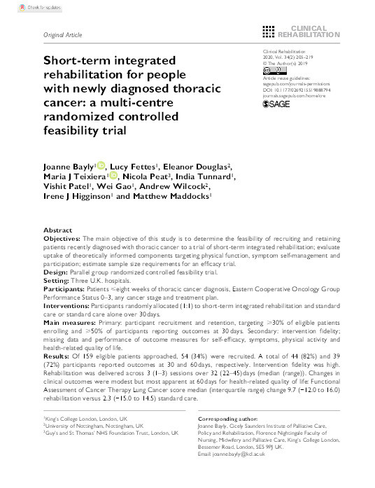 Short-term integrated rehabilitation for people with newly diagnosed thoracic cancer: a multi-centre randomized controlled feasibility trial Thumbnail