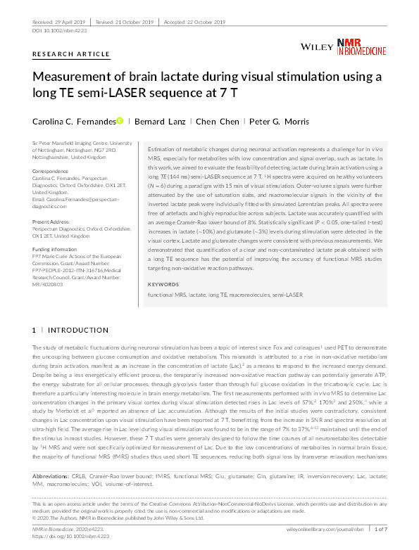 Measurement of brain lactate during visual stimulation using a long TE semi?LASER sequence at 7 T Thumbnail