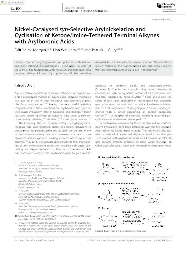 Nickel‐Catalysed syn‐Selective Arylnickelation and Cyclisation of Ketone/Imine‐Tethered Terminal Alkynes with Arylboronic Acids Thumbnail