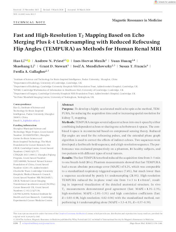 Fast and High‐Resolution T2 Mapping Based on Echo Merging Plus k‐t Undersampling with Reduced Refocusing Flip Angles (TEMPURA) as Methods for Human Renal MRI Thumbnail