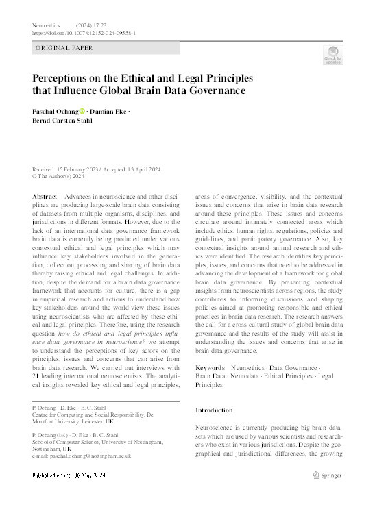 Perceptions on the Ethical and Legal Principles that Influence Global Brain Data Governance Thumbnail