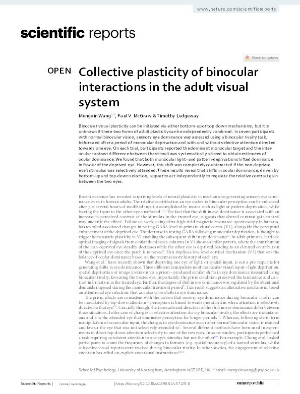 Collective plasticity of binocular interactions in the adult visual system Thumbnail