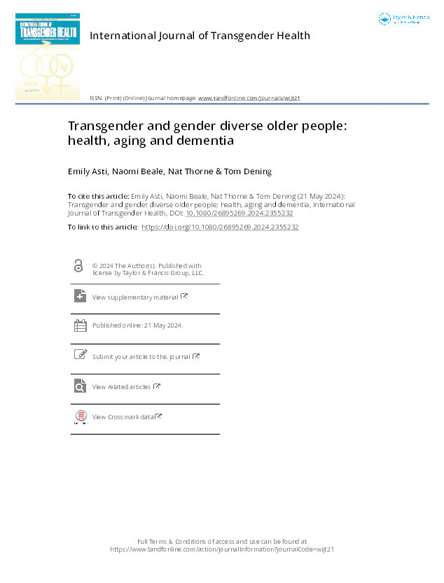 Transgender and gender diverse older people: health, aging and dementia Thumbnail