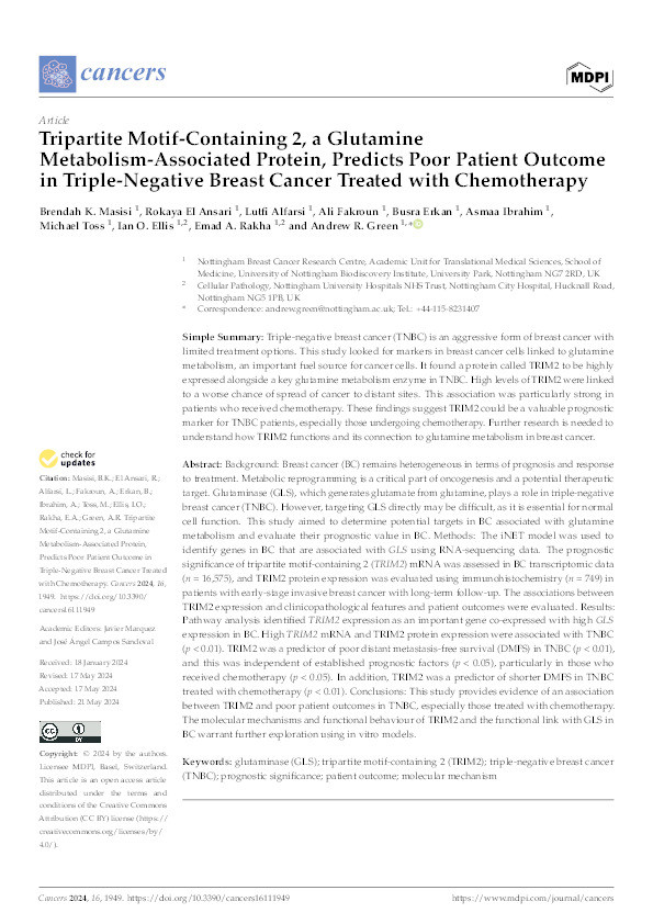 Tripartite Motif Containing 2, a glutamine metabolism-associated protein, predicts poor patient outcome in triple negative breast cancer treated with chemotherapy Thumbnail